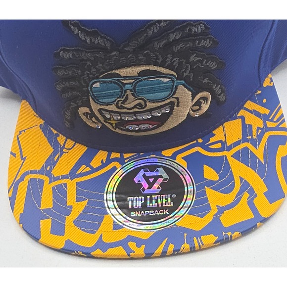 Top‎ Level Happy Snapback Hat Blue Yellow Sparkly Grill Hip Hop Baseball Cap NWT - Picture 10 of 13